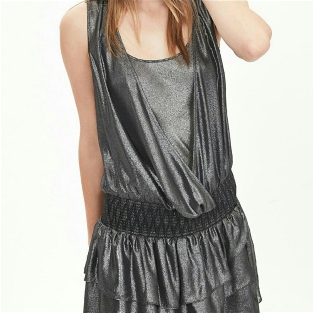 NWT Banana Republic Metallic pewter gray layered wrap tunic dress SZ14 XL